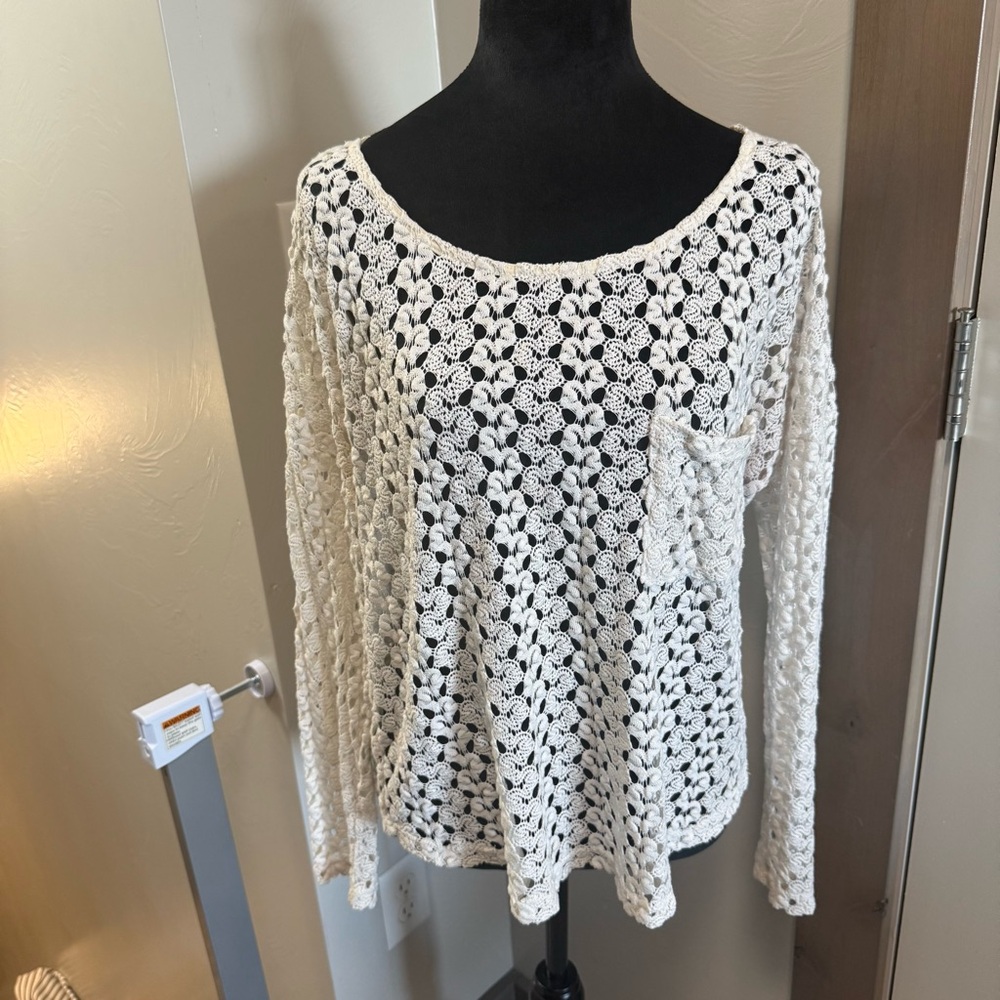 Honlua Wahine White Crochet Lace Bathing Suit Swim Cover Up Long Sleeve Sheer M